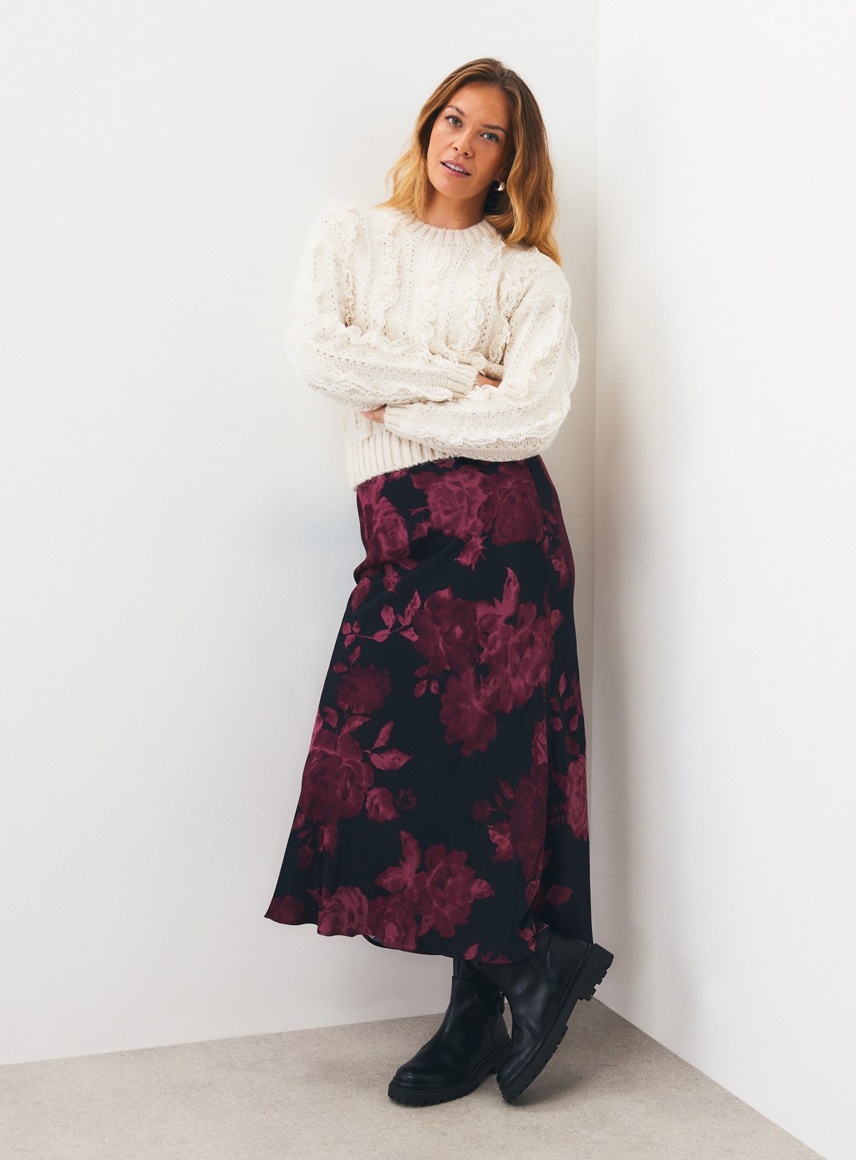Dark Red Floral Satin Midaxi Slip Skirt 10 - Image 2 thumbnail
